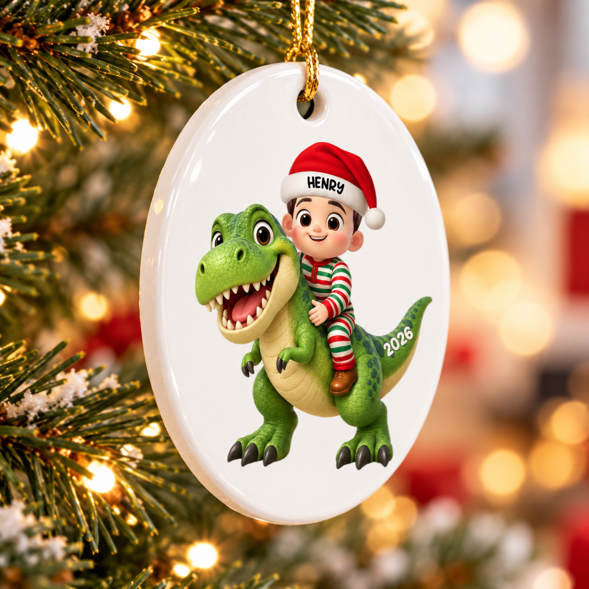 Trending Kid With Dinosaur Design For Boy Girl - Personalized Circle Ornament - Christmas Gift For Grandkids