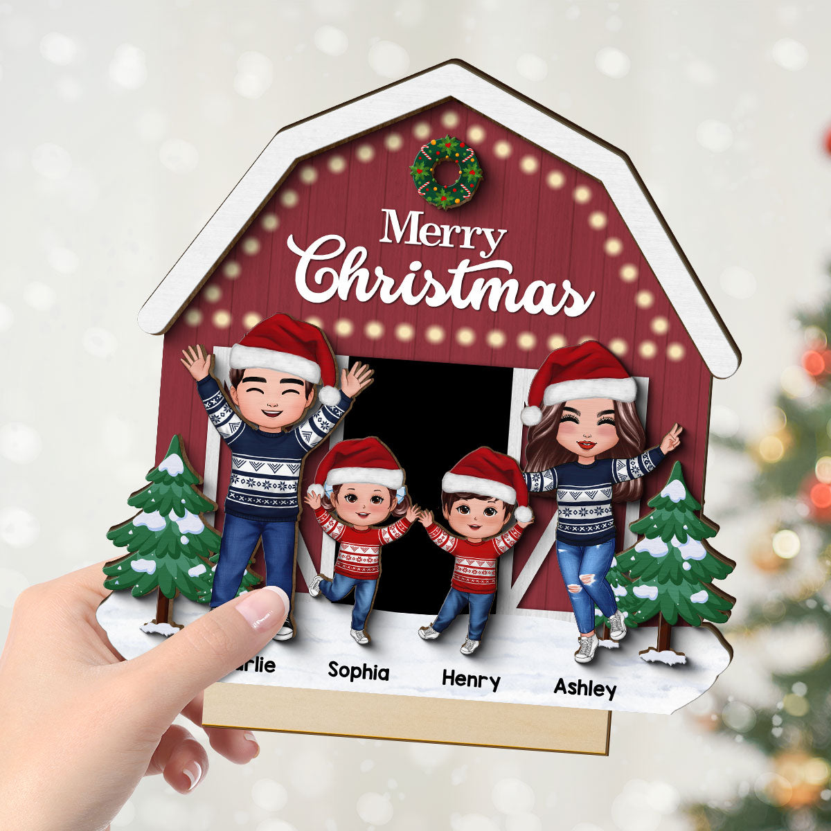 Christmas Farm House Family Tabletop Fireplace Decor Personalized 2-Layer Standing Wooden Plaque