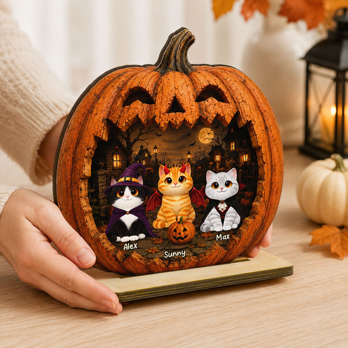 Spooky Halloween Pumpkin Cats - Personalized 2-Layered Wooden Plaque - Halloween Decor For Cat Lovers