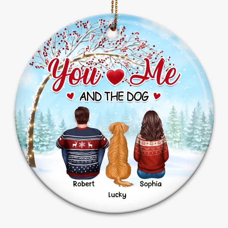 Back View Couple Sitting With Dogs Under Berry Tree Personalized Circle Ornament