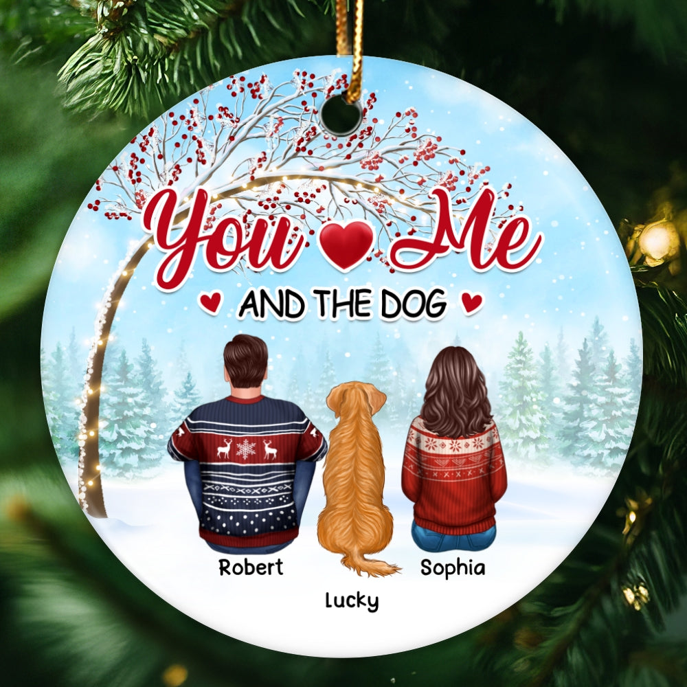 Back View Couple Sitting With Dogs Under Berry Tree Personalized Circle Ornament