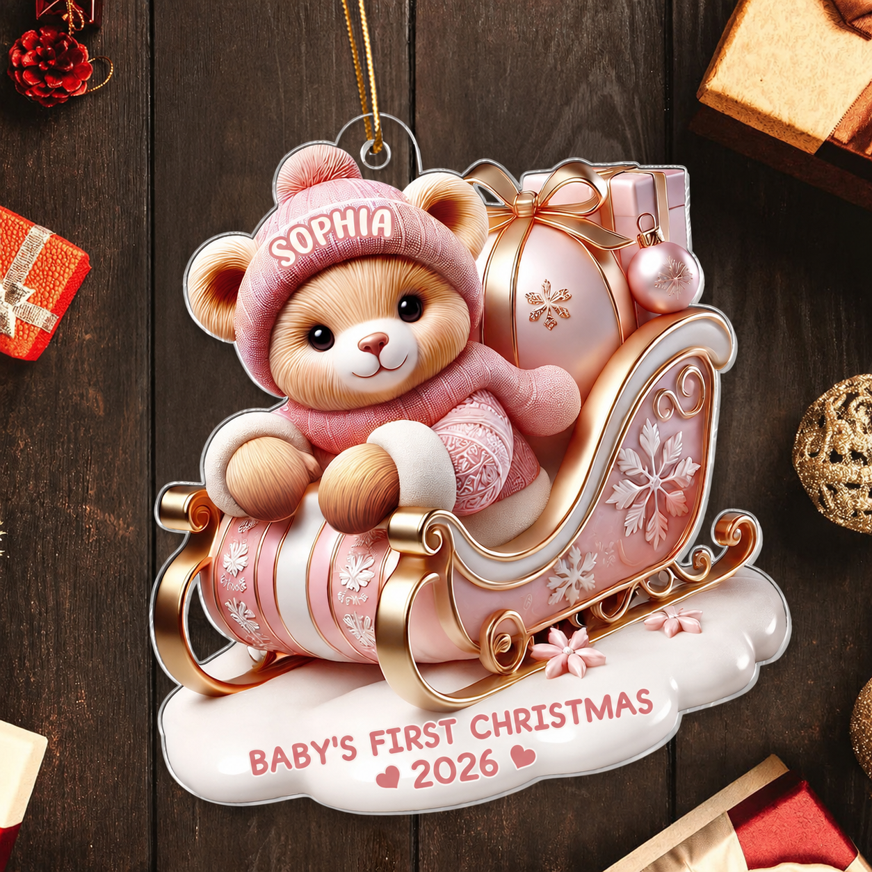 3D Effect Teddy Bear First Christmas Personalized Acrylic Ornament, Christmas Gift For Newborns, New Parents