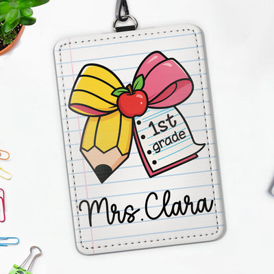 Pencil Coquette Bow Teacher Name Personalized ID Badge Holder, Back To School Gift