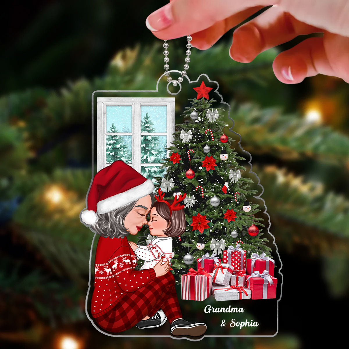 Grandma Mom Holding Kid Side View Next To Christmas Tree Personalized Acrylic Ornament