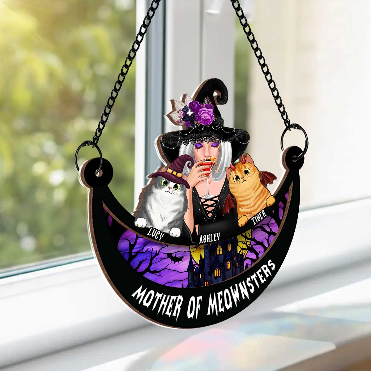 Wicked Cat Mom Stained Glass Moon Personalized Suncatchers, Halloween Decor For Cat Lovers