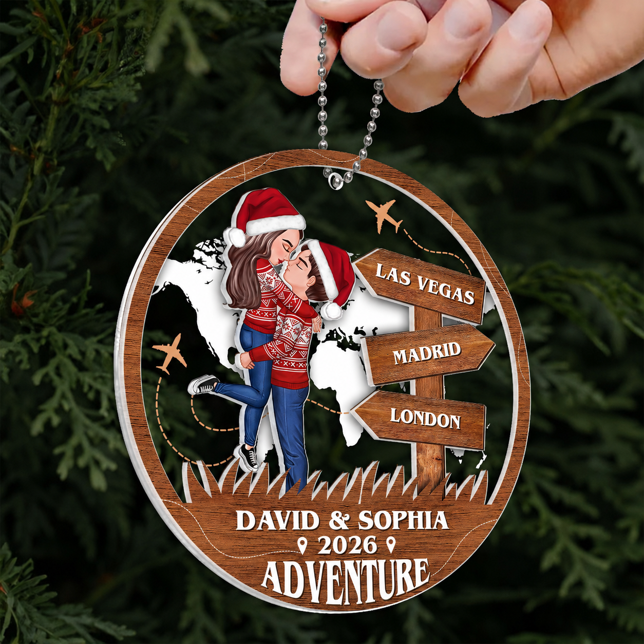 Adventure Kissing Couple Personalized 2-Layer Acrylic Ornament, Christmas Gift For Couple, Gift For Travelers
