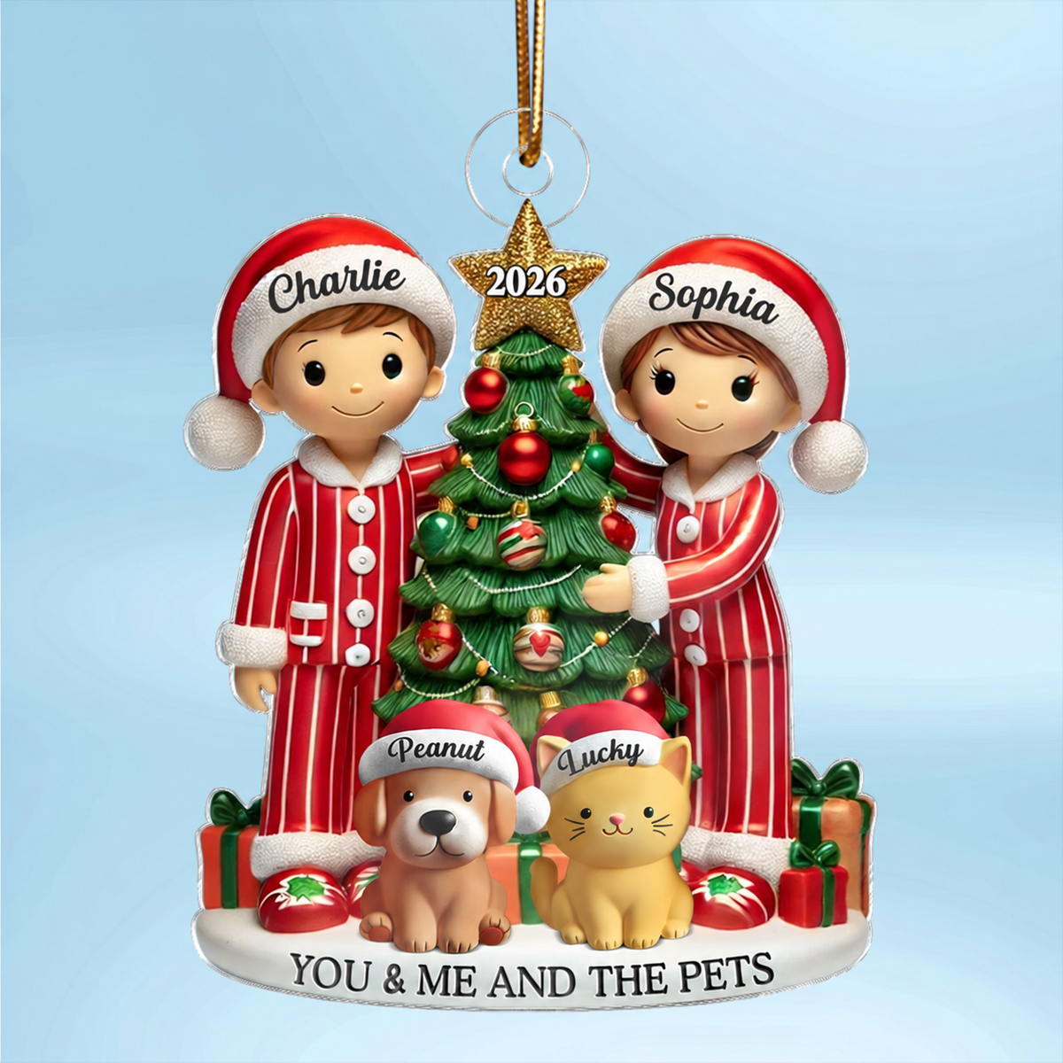 Couple Decorating The Christmas Tree With Dogs Cats Personalized Acrylic Ornament, Gift For Cat Lovers, Dog Lovers