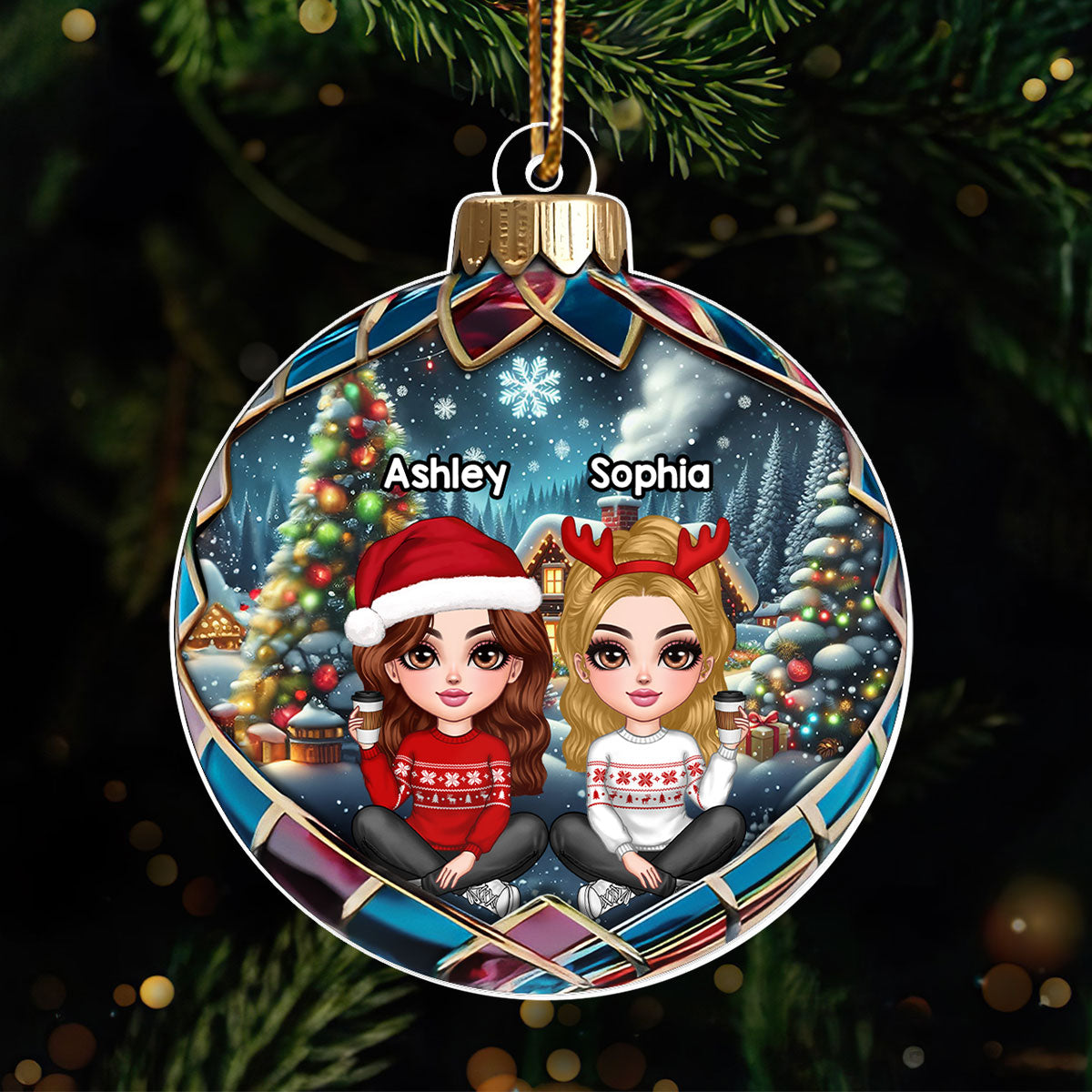 Realistic Christmas Winter Scene Besties Sisters Personalized Acrylic Ornament, Christmas Gift for Besties, Sisters, Friends