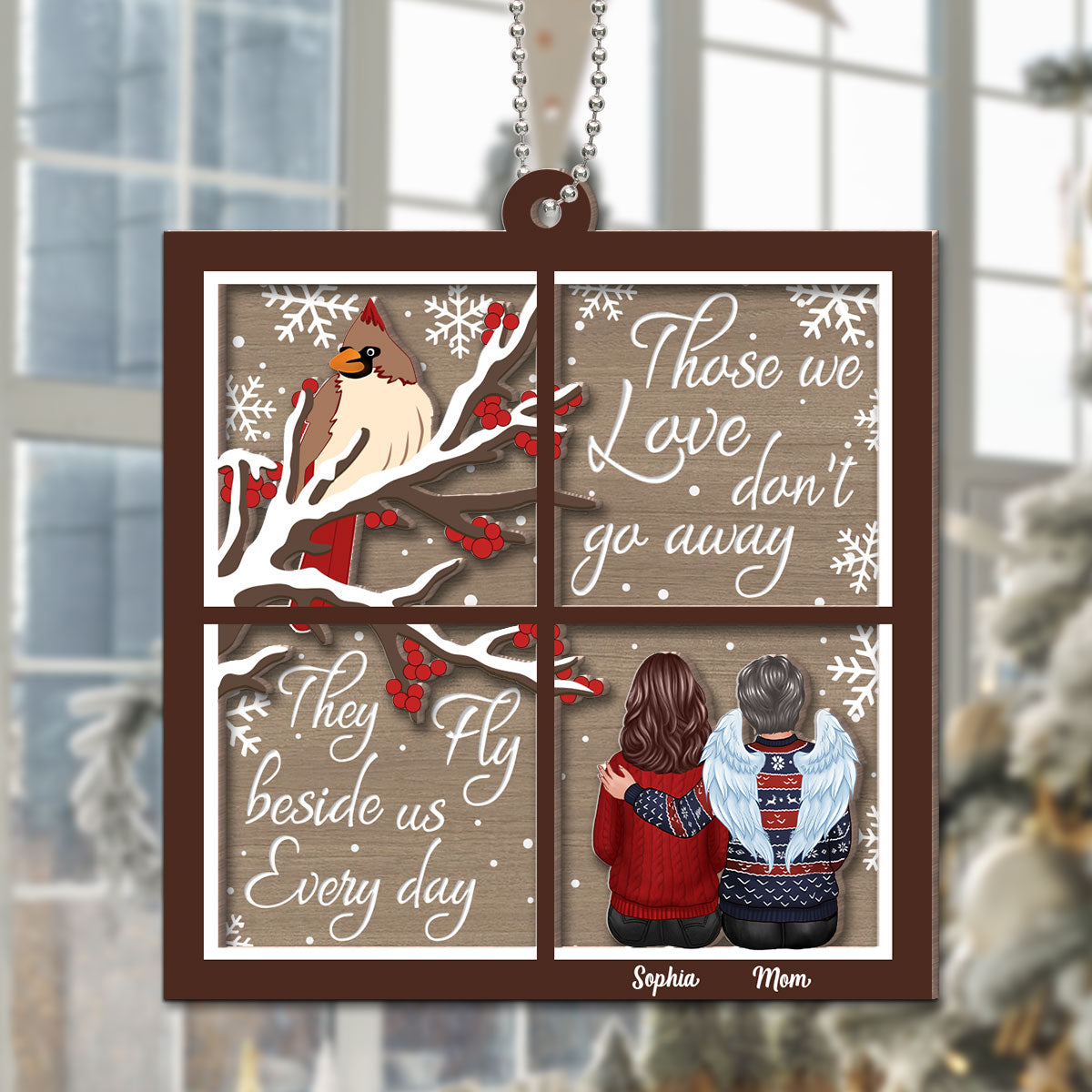 Cardinal Memorial Window Shaped Personalized 2-Layer Wooden Ornament