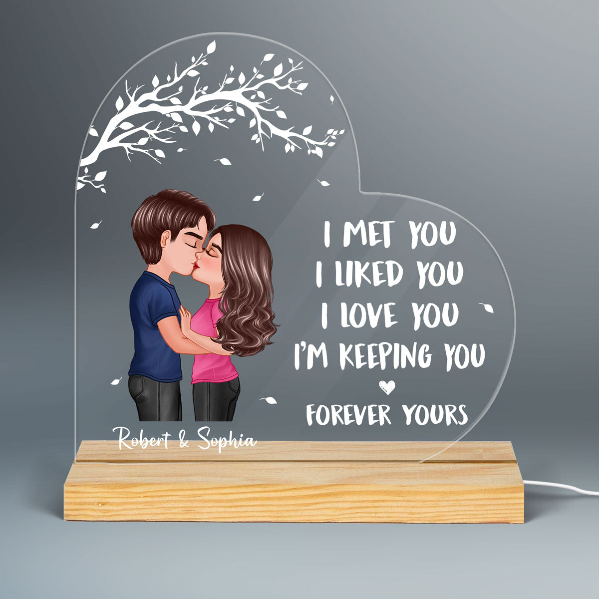Doll Couple Kissing Under Tree I Met You Gift For Him For Her Personalized Custom Shape Acrylic Plaque LED Night Light
