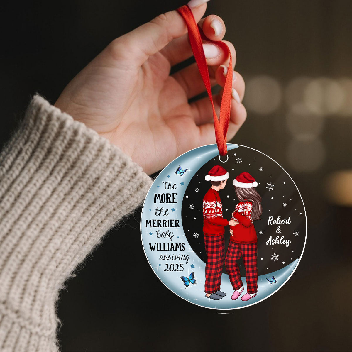 Pregnancy Custom Family On Moon, Expecting New Baby, Mom to be Gift Acrylic Circle Ornament