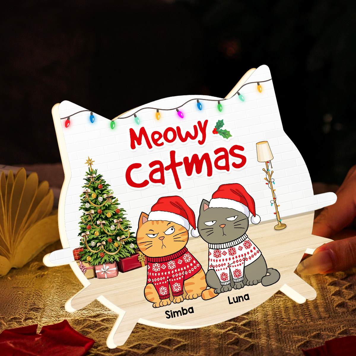 Christmas Funny Cats Meowy Christmas - Personalized Light Box - Gift For Cat Lovers