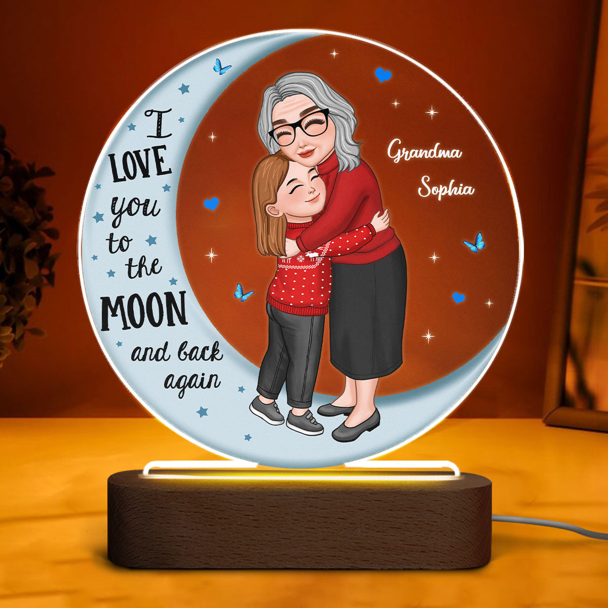 Grandma Hugging Grandkid On Moon Personalized Acrylic Plaque With LED Night Light