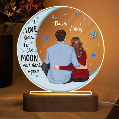 Couple Back View Blue Moon Personalized Circle Plaque LED Night Light - Acrylic LED Lamp - Valentine‘s Day Gift For Him, Gift For Her