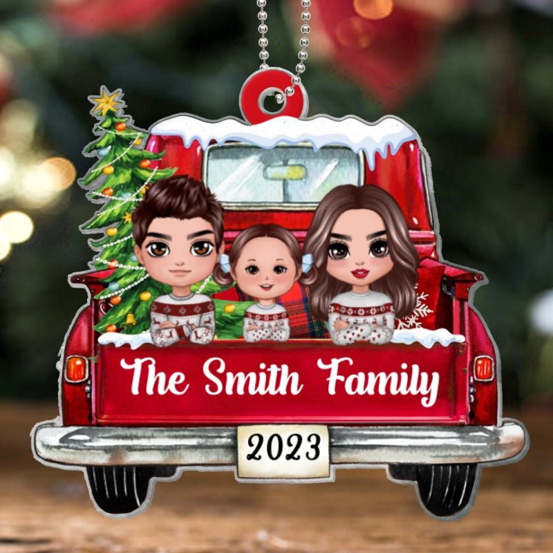 On Christmas Truck Family Dad Mom Kids Dogs Cats Personalized Acrylic Ornament