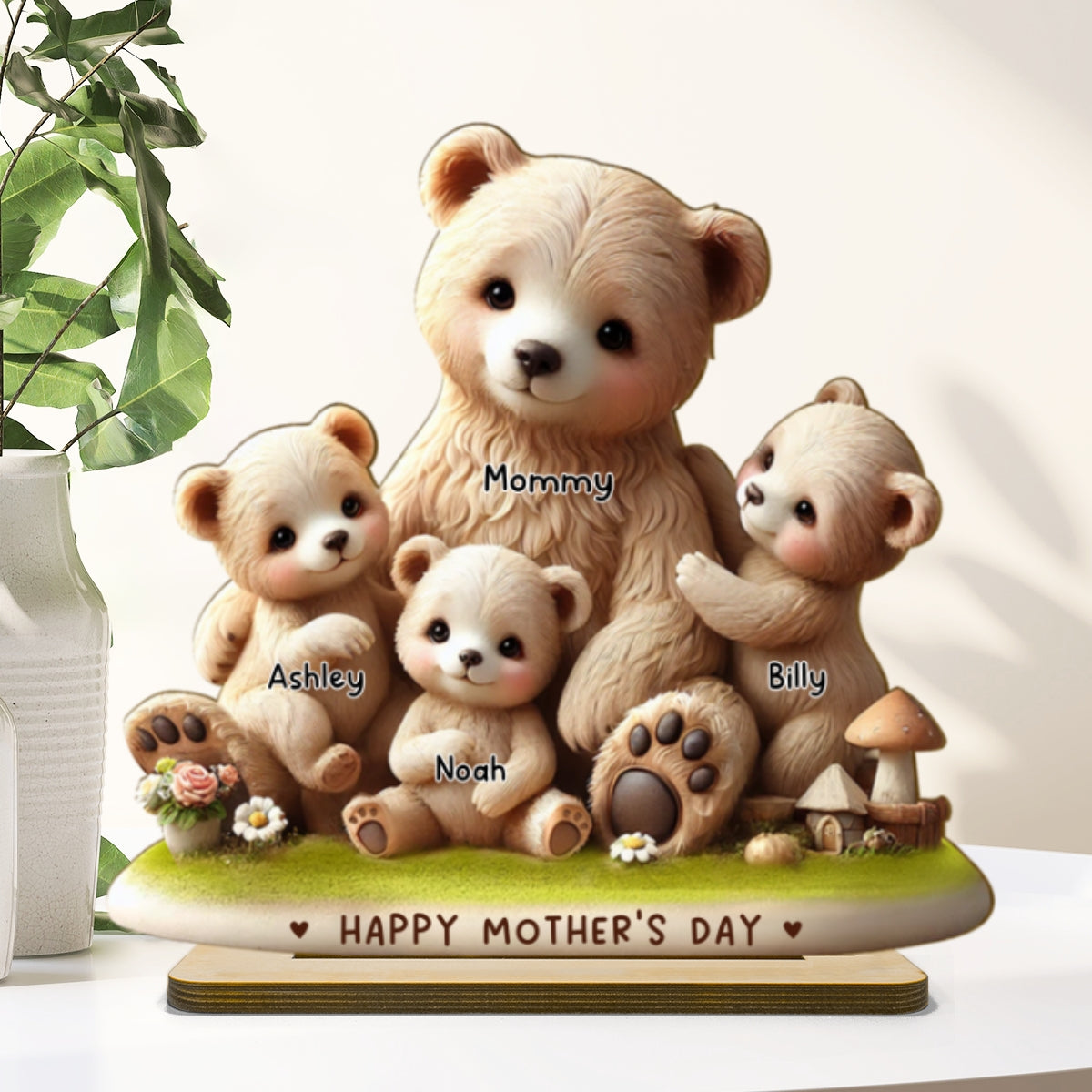 Mama Bear Nana Bear With Kids Adorable 3D Effect Personalized Standing Wooden Plaque, Perfect 2025 Gift For Mom, For Grandma