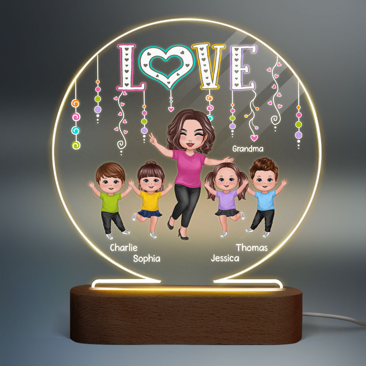 LOVE Happy Doll Grandma Mom With Kids Personalized Circle Acrylic Plaque LED Night Light