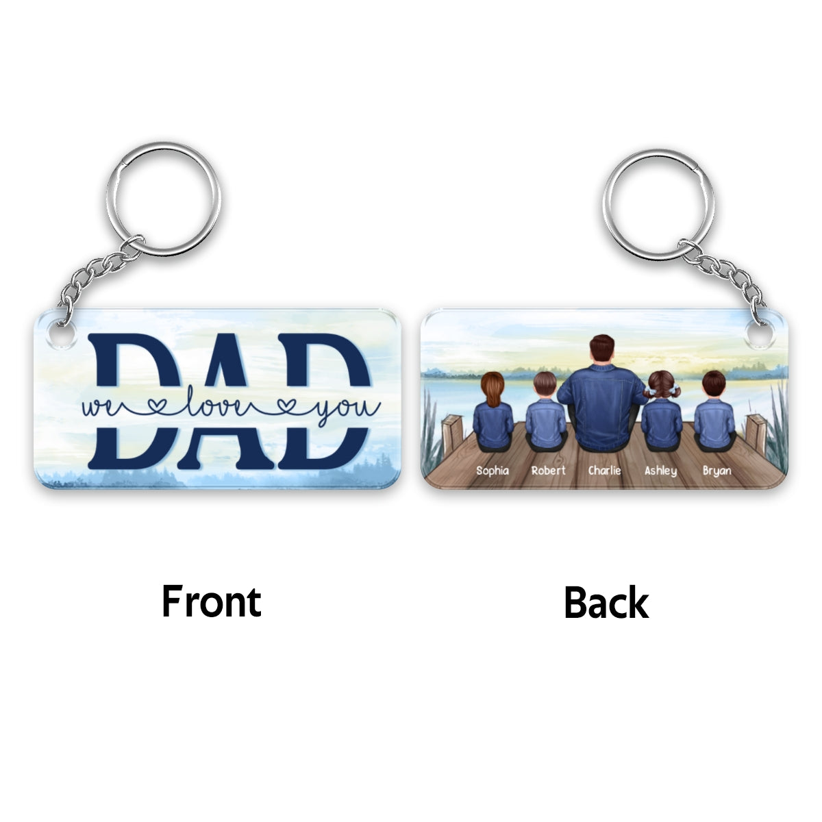 Denim Jacket Dad And Kids Sitting Back View Lake Personalized Acrylic Keychain