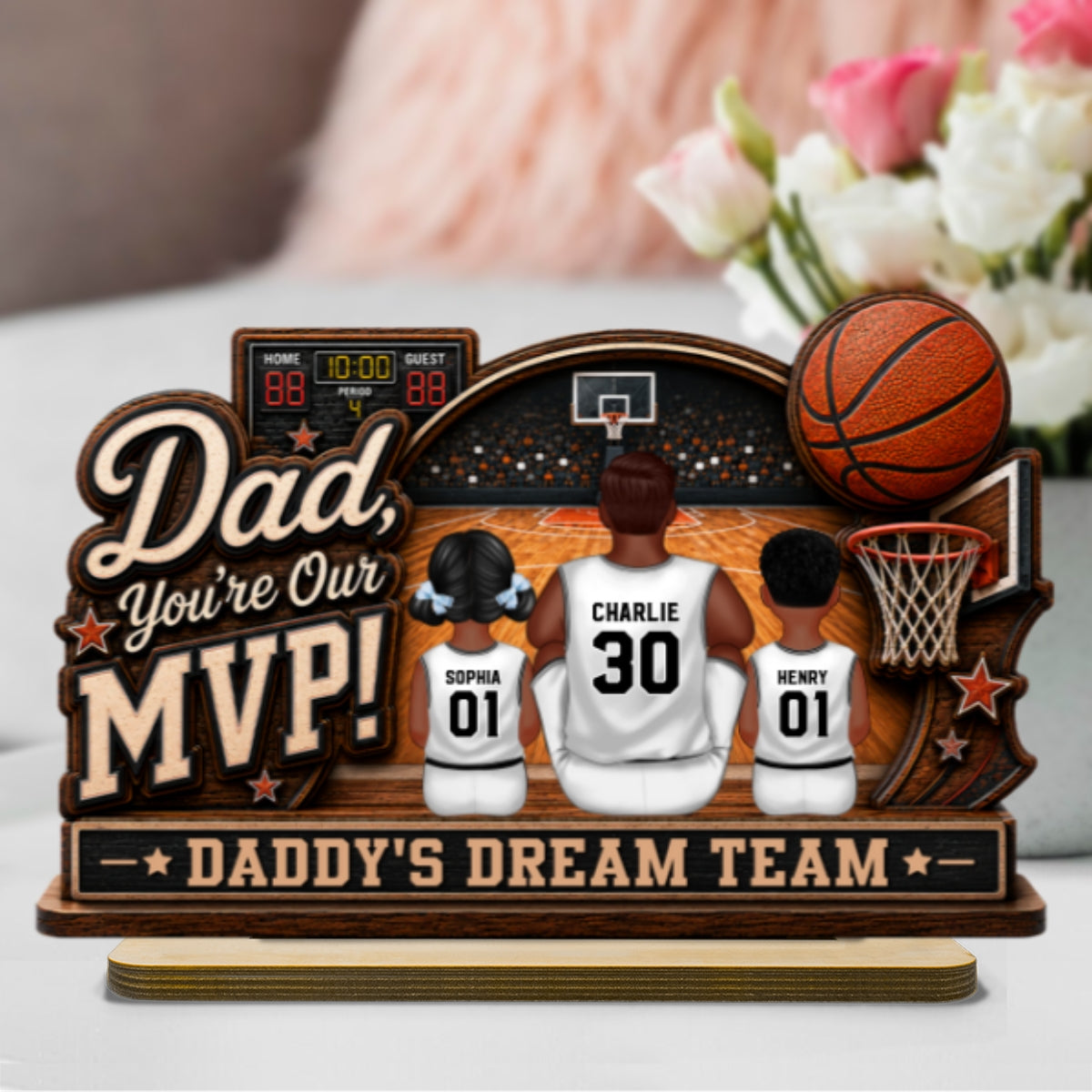Dad You Are Our MVP Sitting Basketball Man & Kids 2D Flat - Personalized 2-Layered Wooden Plaque - Father's Day Gift For Basketball Dad