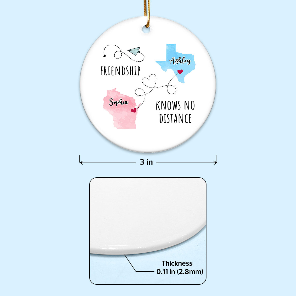 Friendship Sisters Family Love Knows No Distance Personalized Circle Ceramic Ornament, Long Distance State To State Togetherness Gift