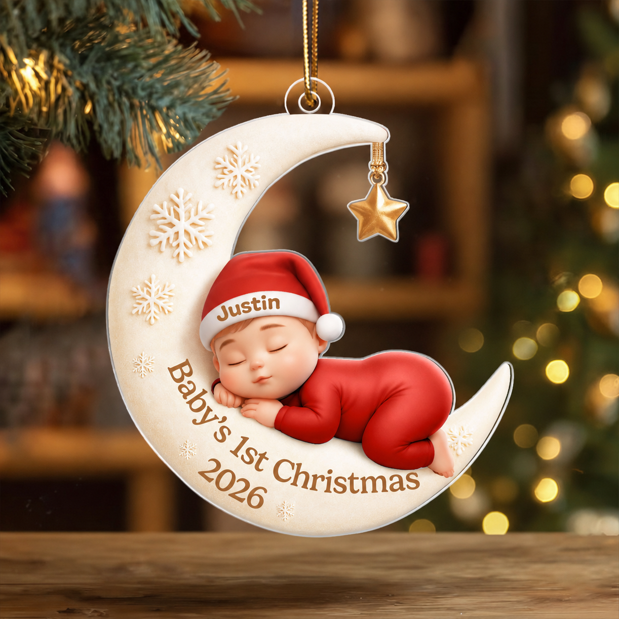 Baby Sleeping on Moon - Personalized Acrylic Ornament - Baby's First Christmas Keepsake, Gift for Grandkids, Baby, Newborn