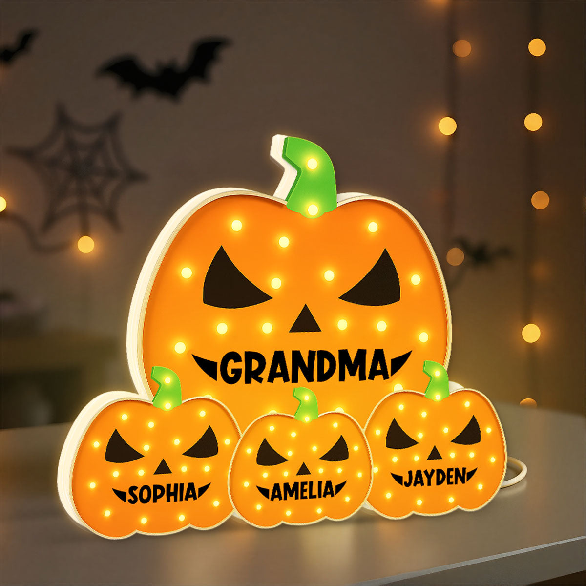 3D Effect Marquee Pattern Halloween Grandma And Grandkids Pumpkins - Personalized Light Box - Gift For Grandmas