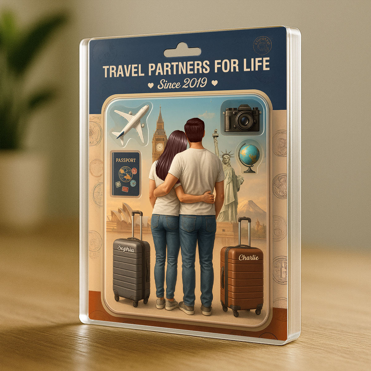 3D Effect Custom Figure Couple Traveling Partners For Life Personalized Rectangle Acrylic Block