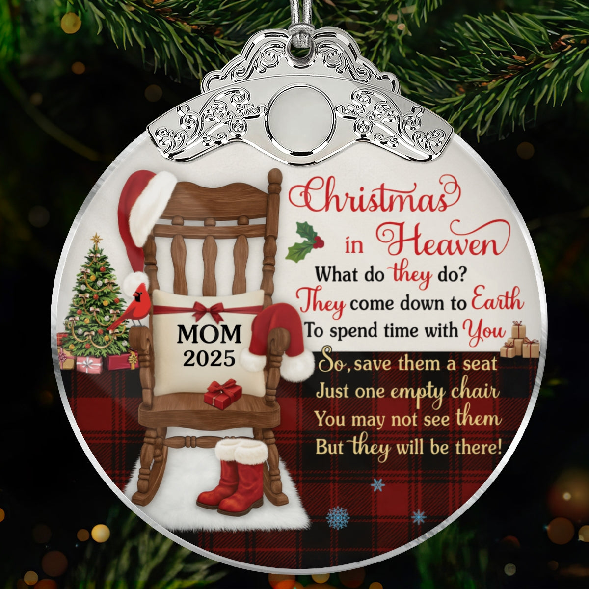 Christmas In Heaven Checkered Theme - Personalized Glass Ornament With Silver Cap - Christmas Memorial Keepsake For Family