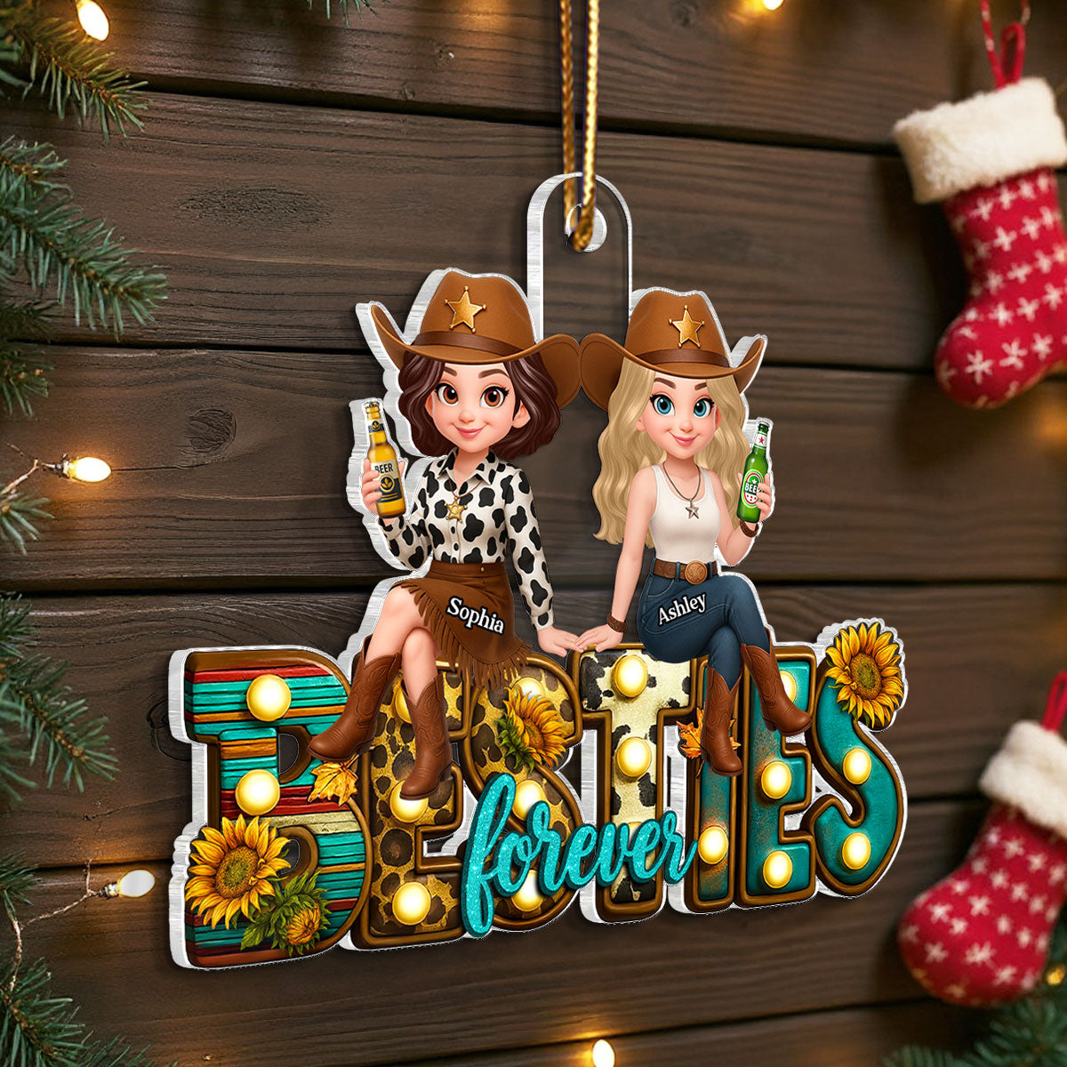 Western Besties Sitting Personalized Acrylic Ornament, Fall Gift for Best Friends