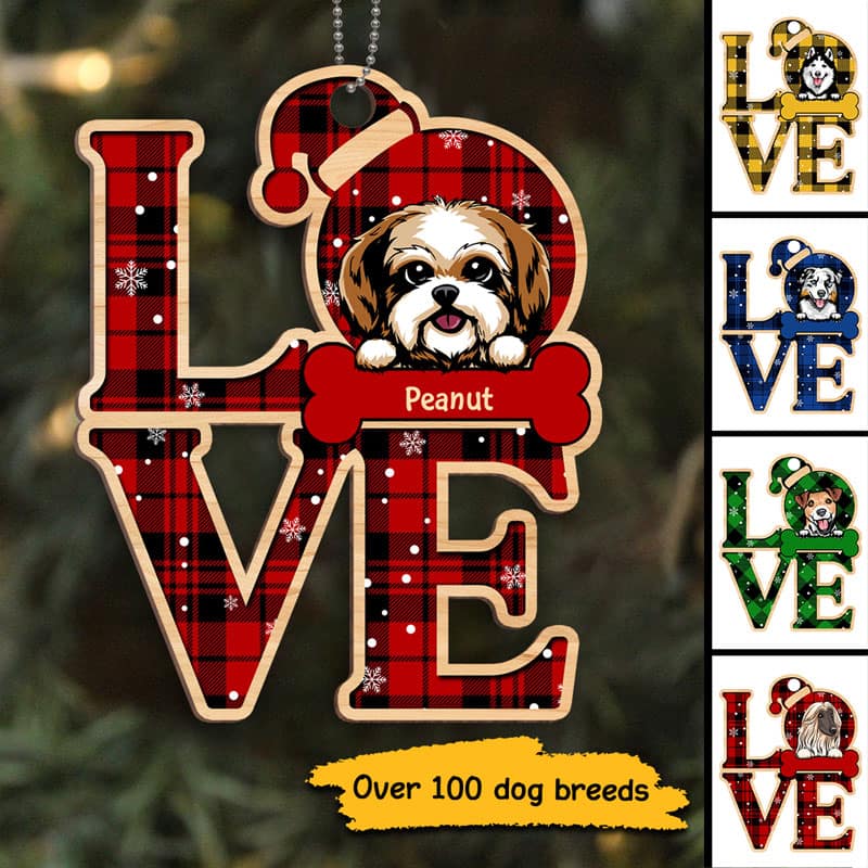 Checkered Pattern Dog LOVE Personalized Wooden Ornament