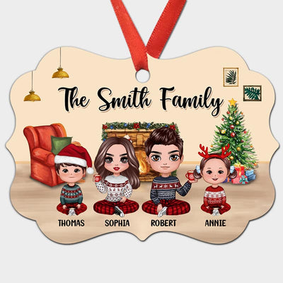 Doll Family Sitting At Fireplace Personalized Christmas Ornament