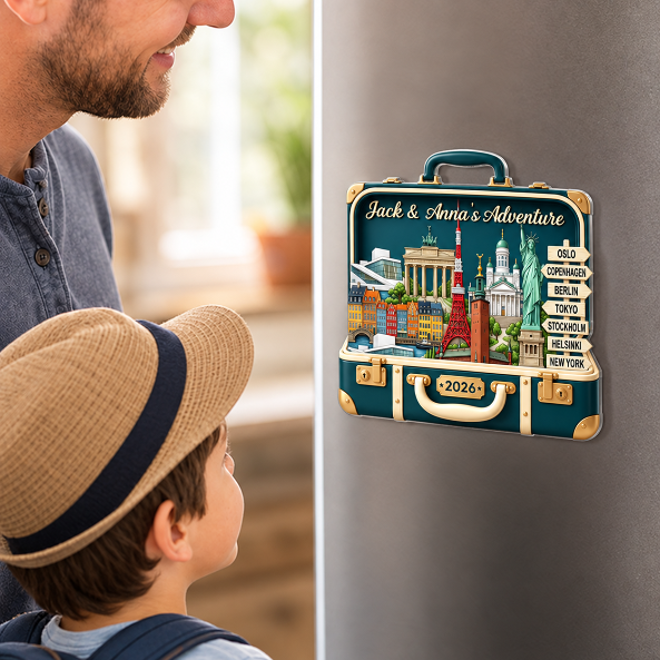 Custom Travel Adventure Suitcase 2D Flat Printed - Personalized Acrylic Fridge Magnet - Traveling Destination Keepsake, Christmas Gift For Traveling Lovers