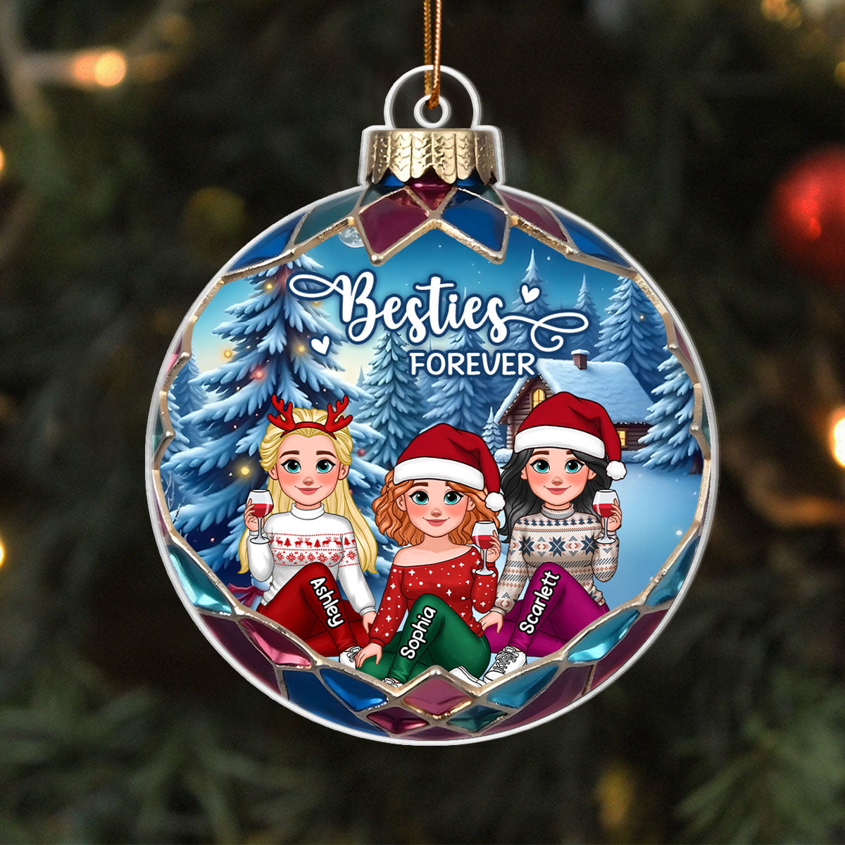 Animated Besties Beautiful Christmas Personalized Acrylic Ornament, Gift For Family