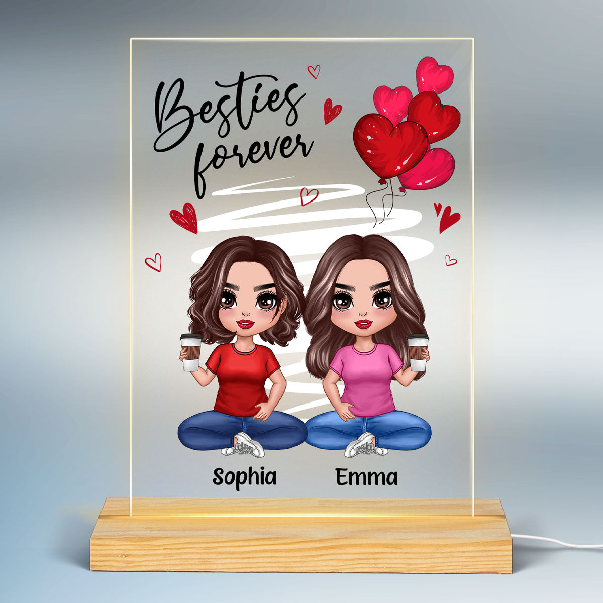Red Hearts Doll Women Sitting Gift For Best Friends Sisters Siblings Personalized Rectangle Acrylic Plaque LED Night Light