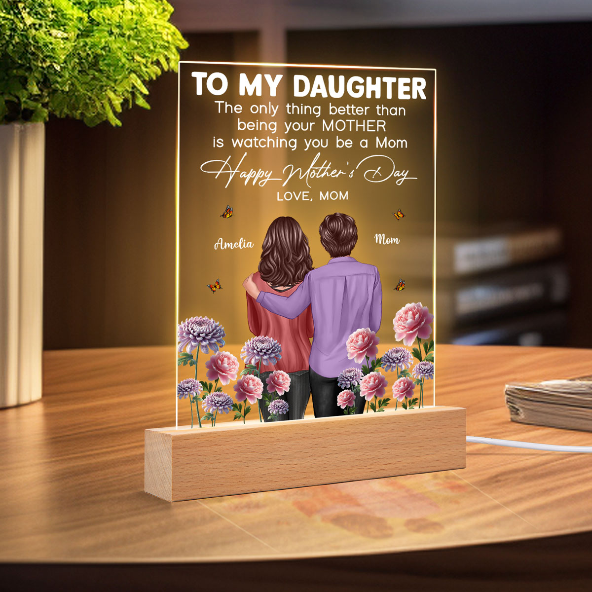 To My Daughter From Mom Happy Mother's Day Birth Flower Personalized Acrylic Plaque With LED Night Light, Gift For Daughter