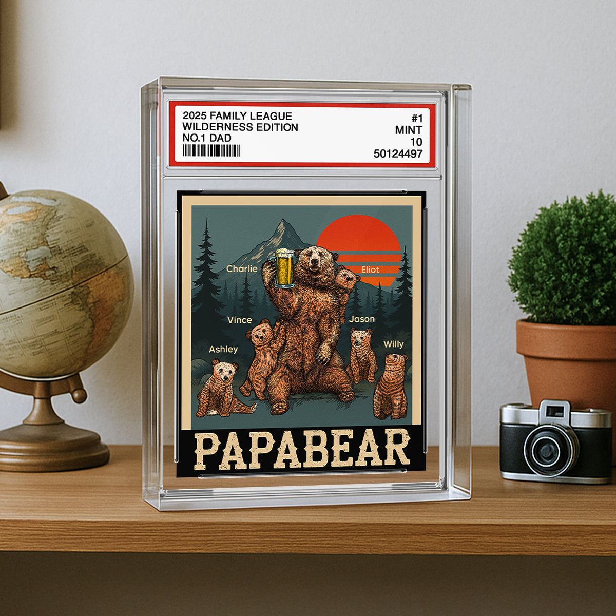 Papabear Dad & Kids Bear Retro Trading Card Style Personalized Acrylic Block Plaque