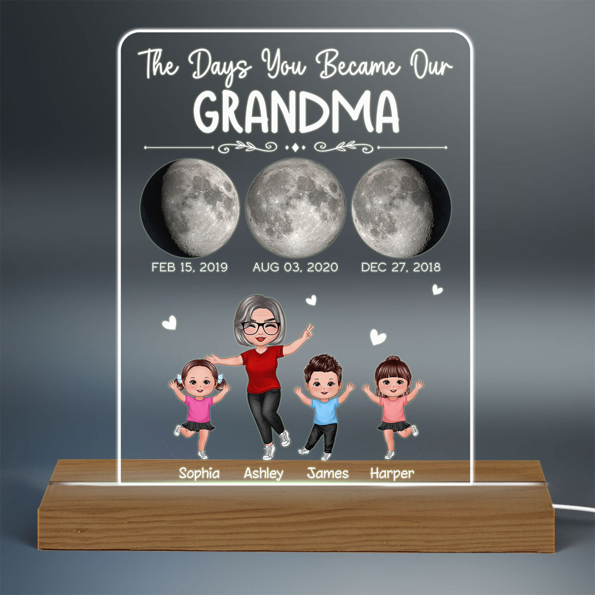 The Days You Became Our Grandma Moon Phase Art Personalized Acrylic Plaque With Warm LED Night Light