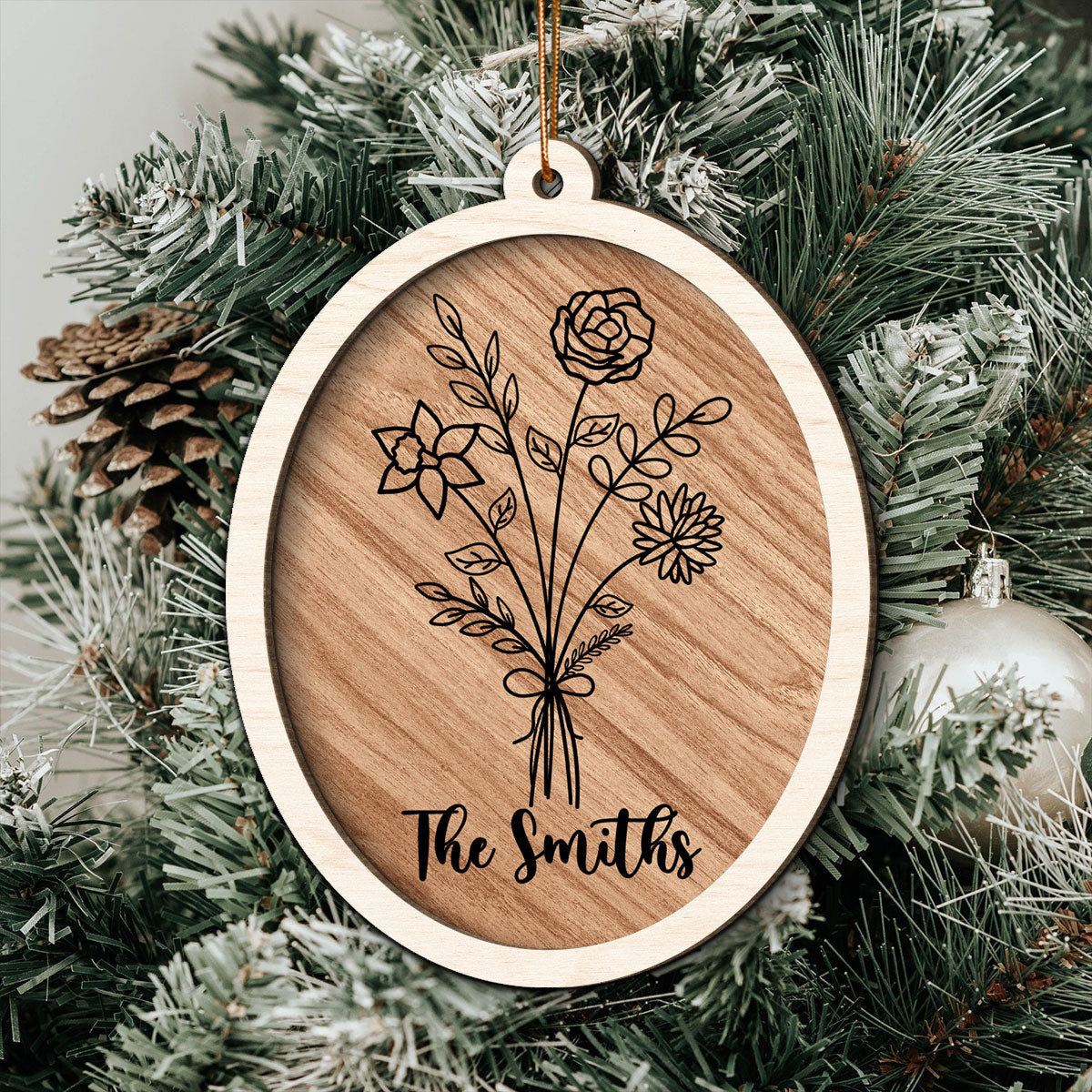 Family Sisters Besties Birth Month Flowers Bouquet Personalized 2-Layer Wooden Ornament, Christmas Gift