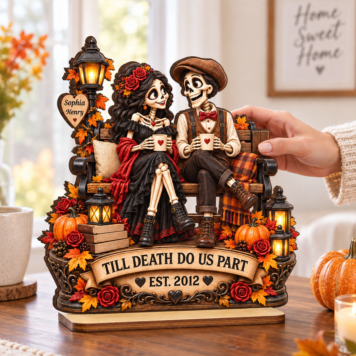 Till Death Do Us Part Fall Halloween Skeleton Couple - Personalized 2-Layered Wooden Plaque - Gift for Him, Gift for Her