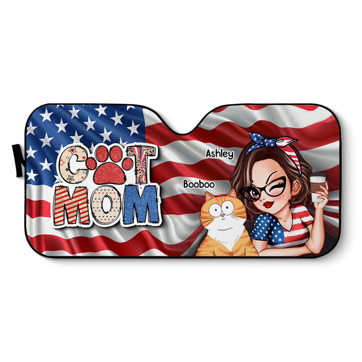 Cat Mom 4th of July America Sparkly Pattern Personalized Car Sunshade, Independence Day