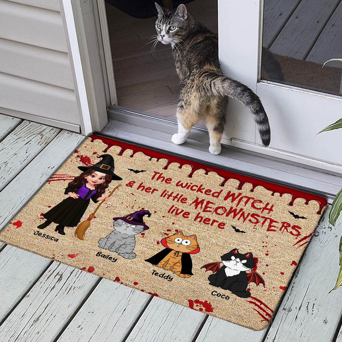 Halloween Wicked Witch And Little Monsters Cats Live Here Personalized Doormat