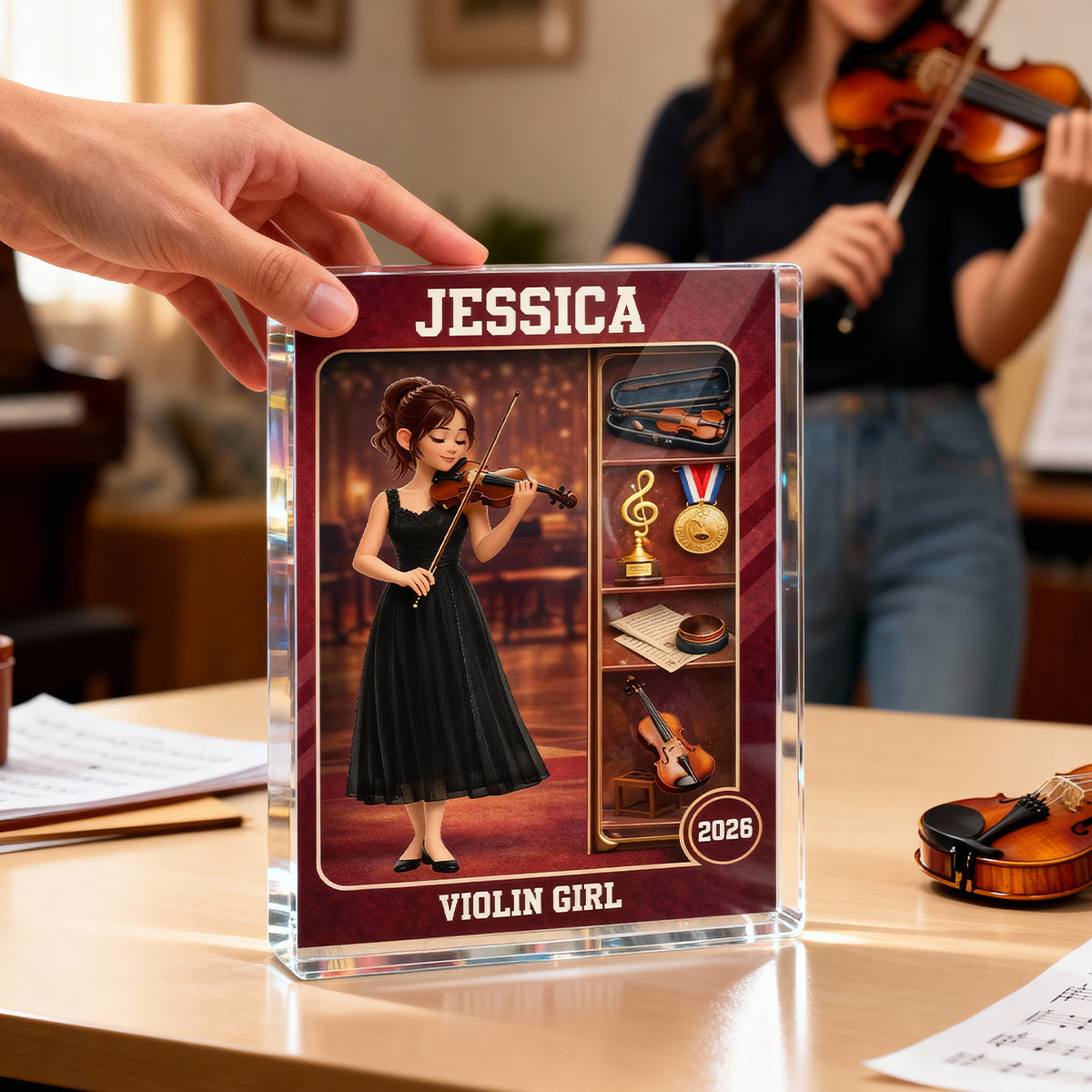 Violin Girl Action Figure - Personalized Acrylic Block Plaque - Gift For Violinist