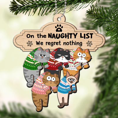 Christmas Naughty Cats Hanging On Mantel Personalized 2-Layer Wooden Ornament, Gift For Cat Lovers