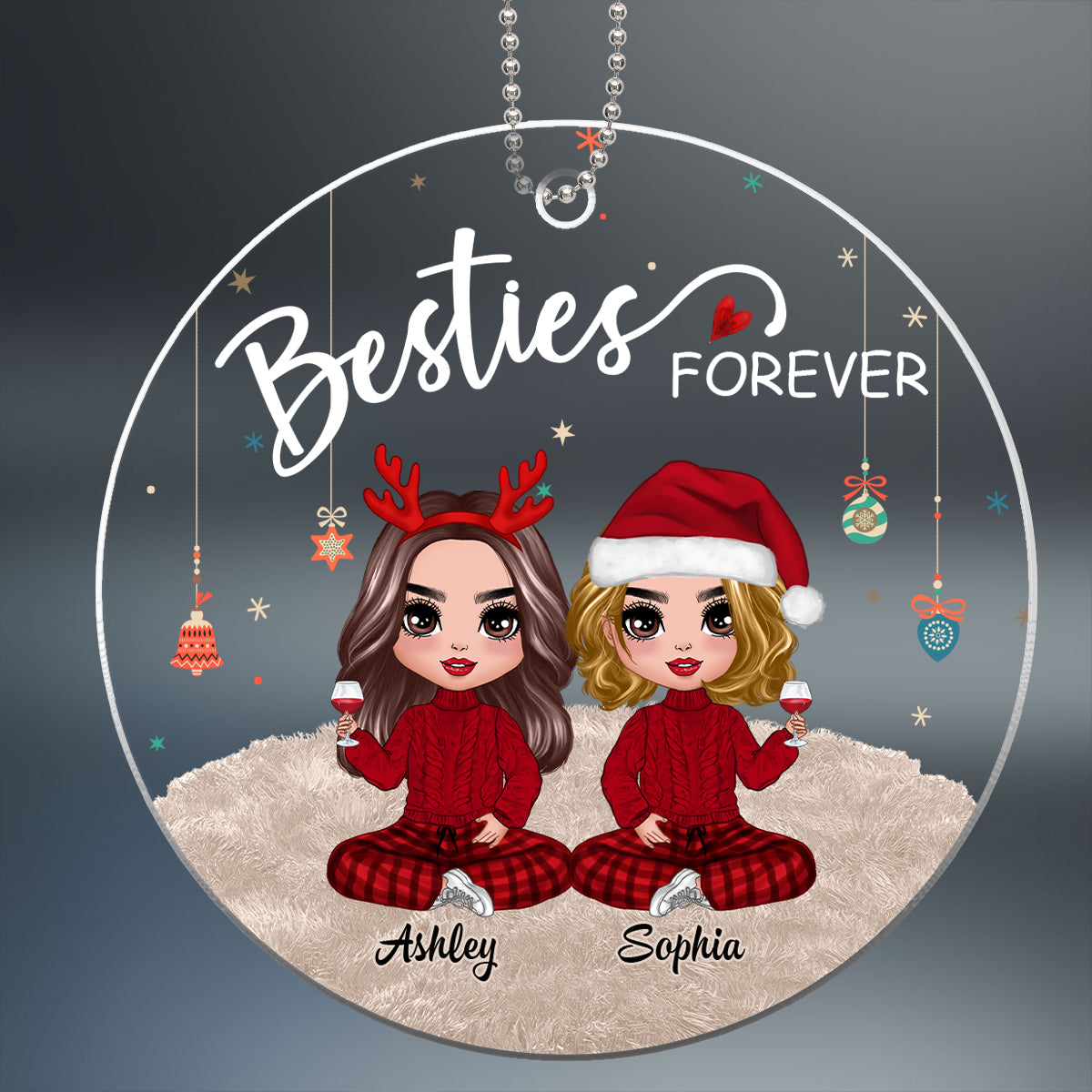 Doll Besties Sitting On Fluffy Rug Christmas Personalized Acrylic Ornament