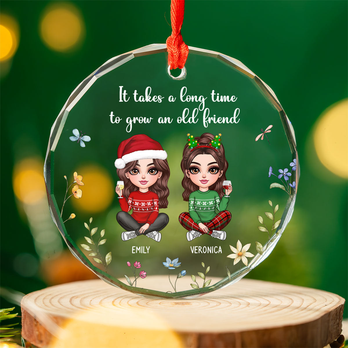 Sisters Are Differents Flowers From The Same Garden, Doll Sisters Sitting Personalized Glass Ornament, Christmas Gift For Sisters