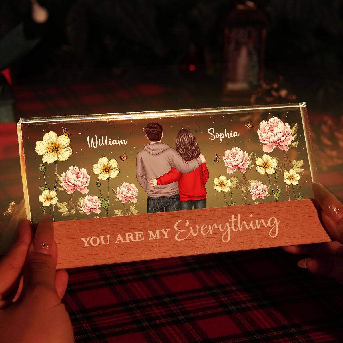 Couple Birth Month Flower - Personalized Acrylic Block Plaque LED Night Light - Gift for Him, Gift for Her