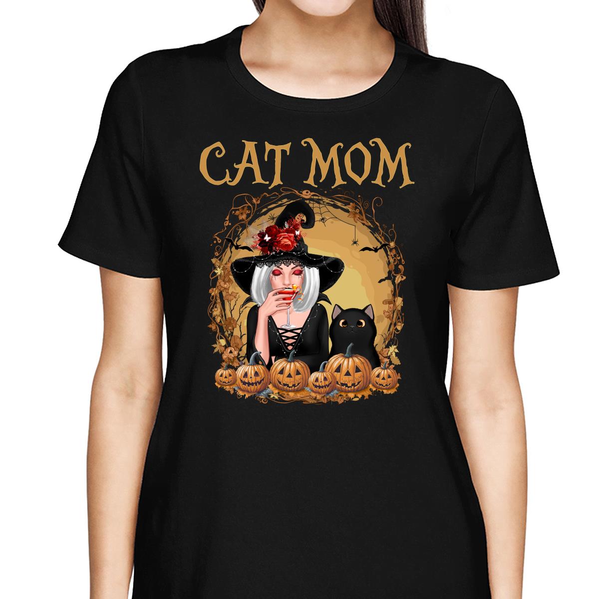 Vintage Orange Halloween Cat Mom Cat Witch Personalized Shirt
