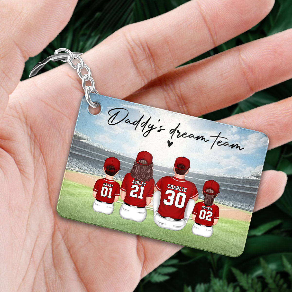 Daddy's Team Baseball Family Sitting Personalized Acrylic Keychain, Father's Day Gift For Dad, Grandpa, Husband