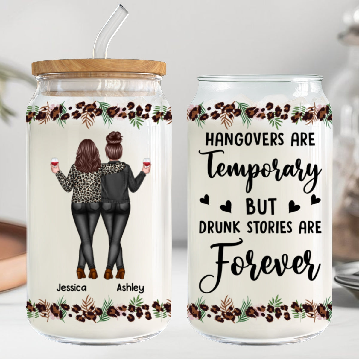 Leopard Back View Besties Personalized Clear Glass Can