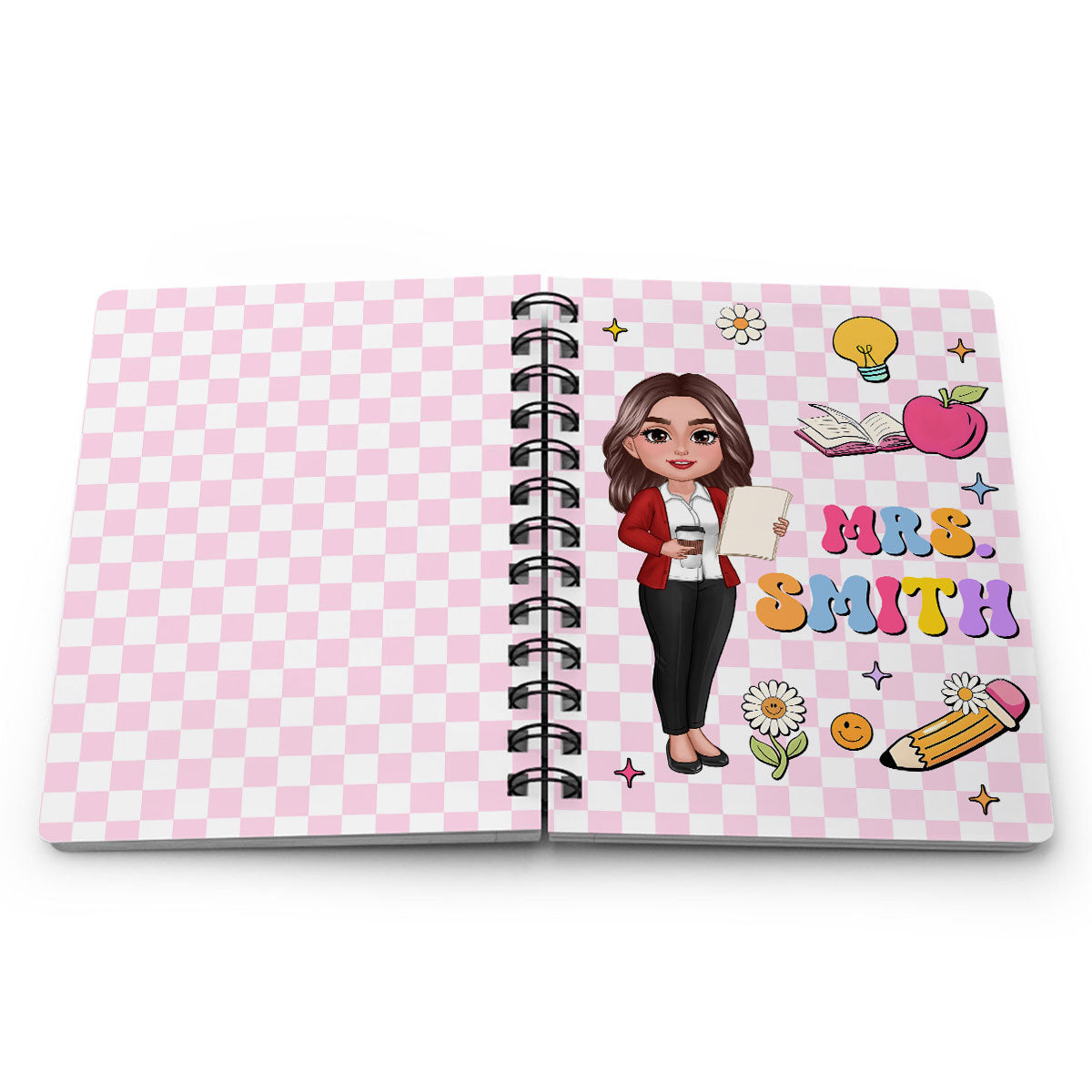 Groovy School Things Teacher Name Personalized Spiral Notebook Journal, Back To School Stationery